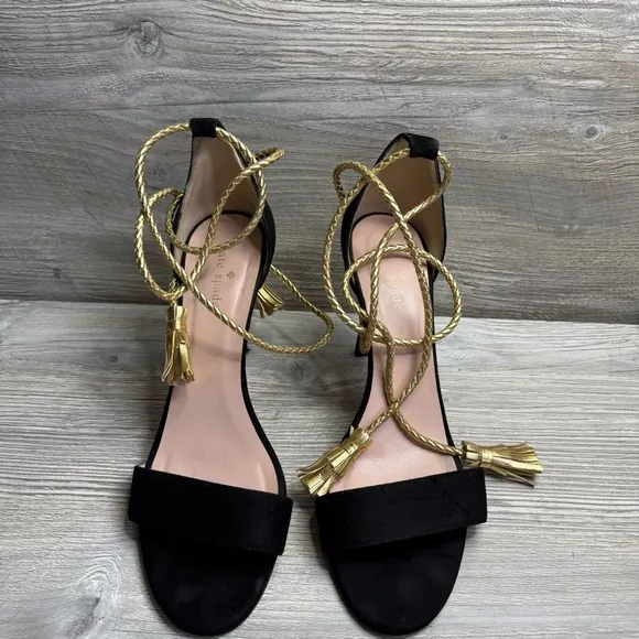 Kate Spade Inez Elegant open toe Black suede and Gold corded Women's Heels sz 9