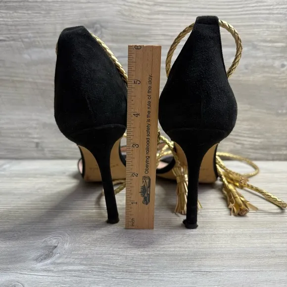 Kate Spade Inez Elegant open toe Black suede and Gold corded Women's Heels sz 9