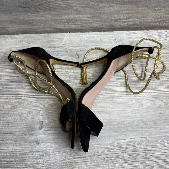 Kate Spade Inez Elegant open toe Black suede and Gold corded Women's Heels sz 9