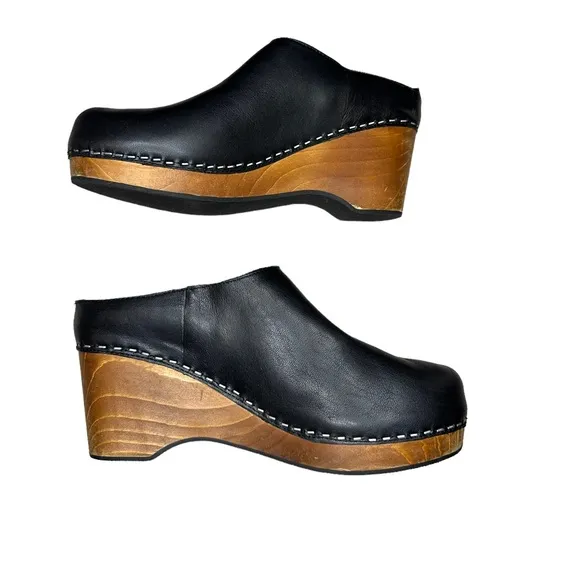 Kelsi Dagger Brooklyn | Black Leather Wooden Heel Mule | Women's 7.5