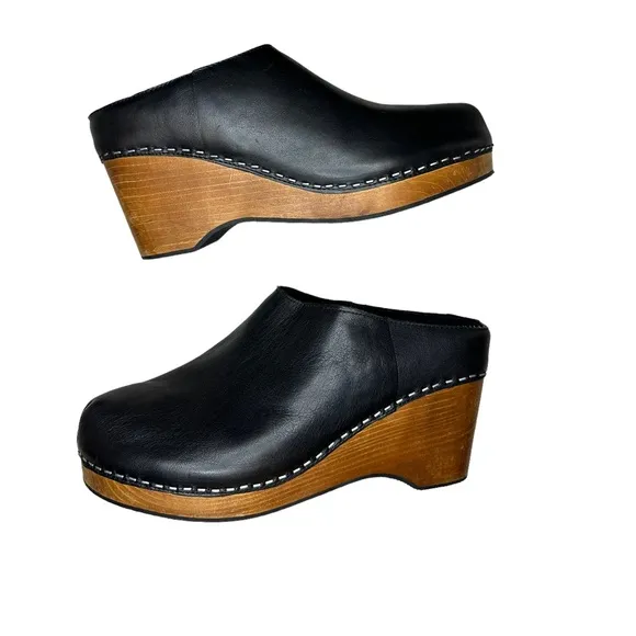 Kelsi Dagger Brooklyn | Black Leather Wooden Heel Mule | Women's 7.5