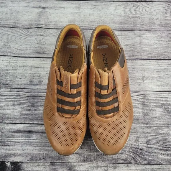 Kizik Boston Mens Size 9.5 Brown Leather Handsfree Slip On Shoes Sneakers