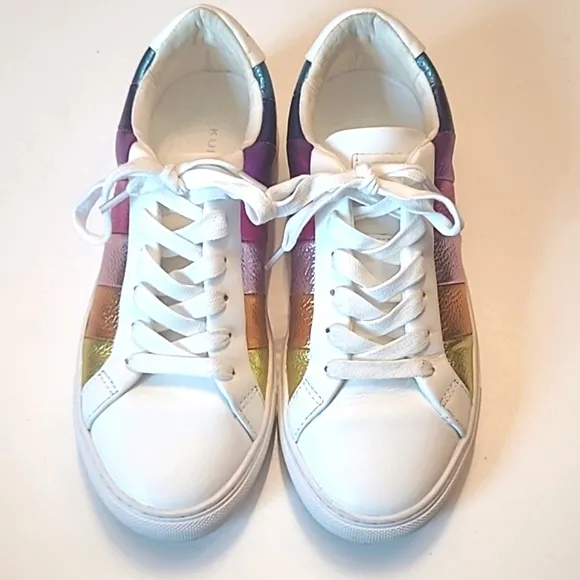 Kurt Geiger Rainbow Lane Stripe Sneaker Pebbled Metallic Leather Low Top Lace Up