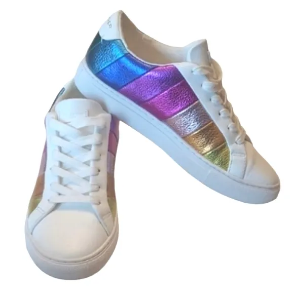 Kurt Geiger Rainbow Lane Stripe Sneaker Pebbled Metallic Leather Low Top Lace Up
