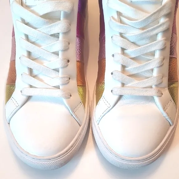 Kurt Geiger Rainbow Lane Stripe Sneaker Pebbled Metallic Leather Low Top Lace Up