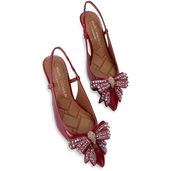 Kurt Geiger Red Patent Belgravia Pointed Toe Bow Slingback Heels Shoes New Sz 38