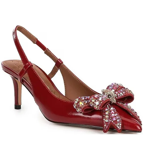 Kurt Geiger Red Patent Belgravia Pointed Toe Bow Slingback Heels Shoes New Sz 38