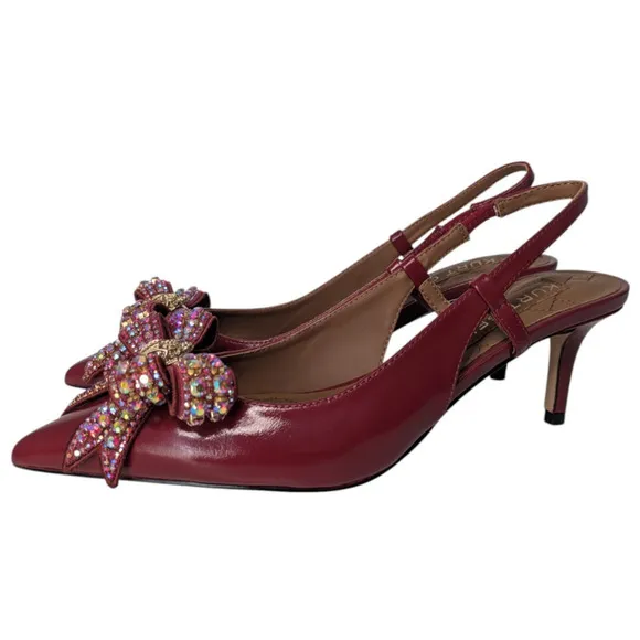 Kurt Geiger Red Patent Belgravia Pointed Toe Bow Slingback Heels Shoes New Sz 38