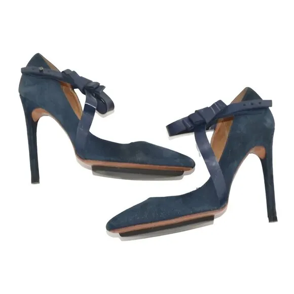 LAMB L.A.M.B. Azure Slate Blue Suede Leather Bow Ultra High Heels Stilettoes 9.5