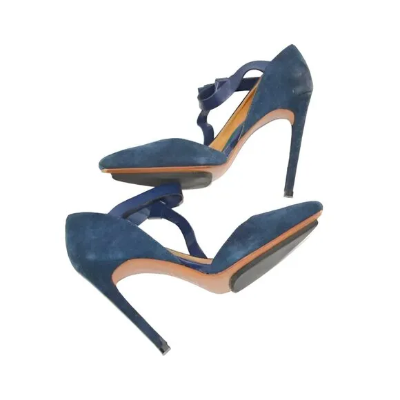 LAMB L.A.M.B. Azure Slate Blue Suede Leather Bow Ultra High Heels Stilettoes 9.5