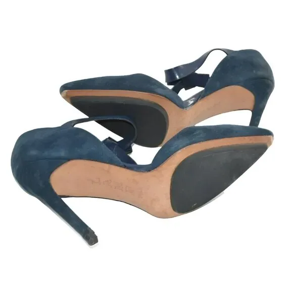 LAMB L.A.M.B. Azure Slate Blue Suede Leather Bow Ultra High Heels Stilettoes 9.5