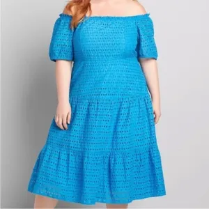 Lane Bryant Tiered off the shoulder midi dress eyelet Blue 16 Petite NWT