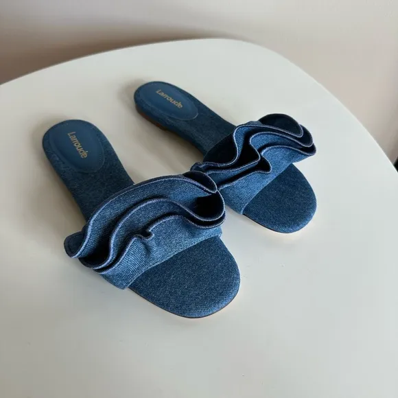 Larroude Blue Denim Ruffle Sandals