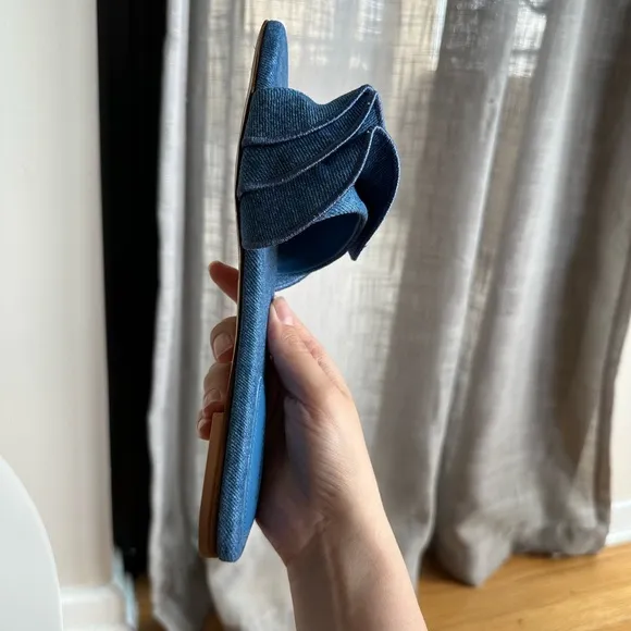 Larroude Blue Denim Ruffle Sandals