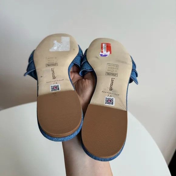 Larroude Blue Denim Ruffle Sandals