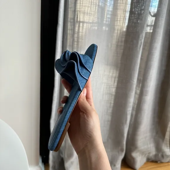 Larroude Blue Denim Ruffle Sandals