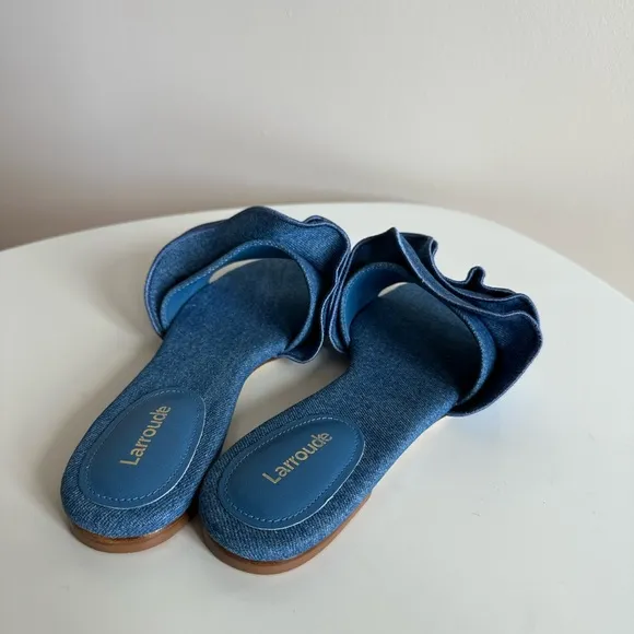 Larroude Blue Denim Ruffle Sandals