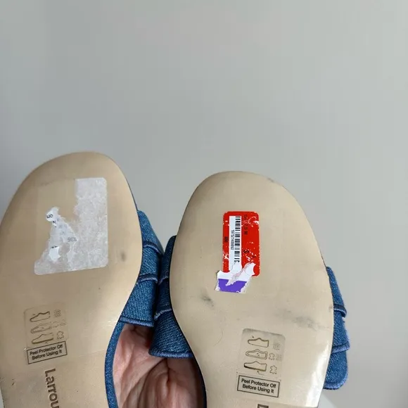 Larroude Blue Denim Ruffle Sandals