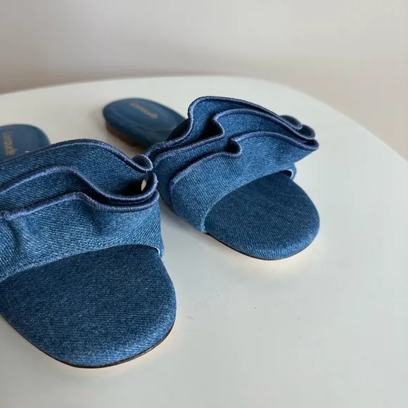 Larroude Blue Denim Ruffle Sandals