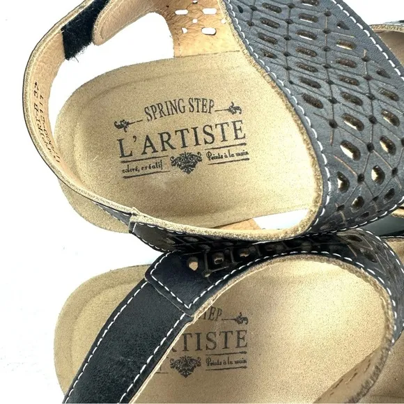 L'artiste Spring Step Poppiri Shoes 7 Black Leather Cutout Maryjane Heels Womens