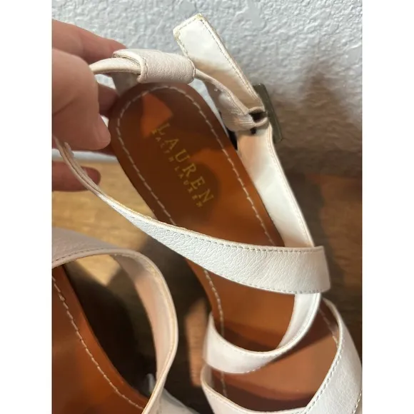Lauren Ralph Lauren White Leather Wedge Sandals Strappy Heels Women's 9B