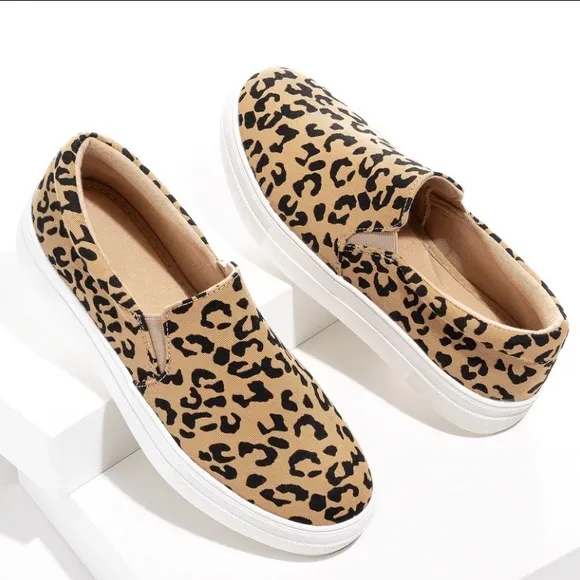 Light Tan Leopard Print Canvas Slip On Sneakers