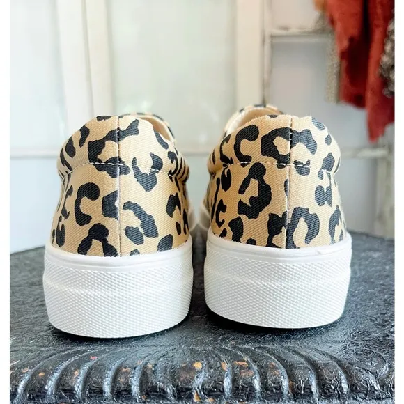 Light Tan Leopard Print Canvas Slip On Sneakers