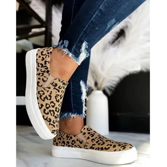 Light Tan Leopard Print Canvas Slip On Sneakers