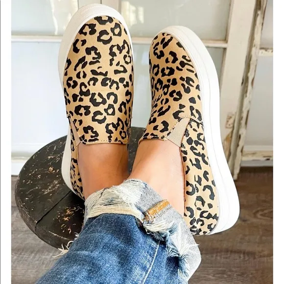 Light Tan Leopard Print Canvas Slip On Sneakers