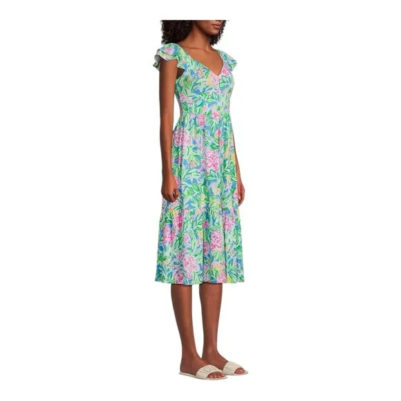 Lilly Pulitzer Bayleigh Floral Flutter-Sleeve Midi Dress in Multi Grove Garden 0