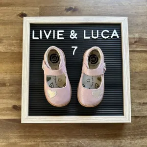 Livie &amp; Luca Caramella Rose Pink Shimmer Leather Suede Heart Mary Jane Shoes 7