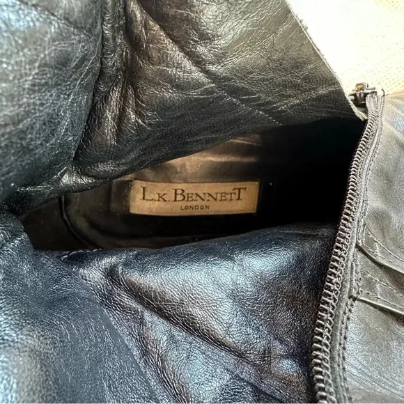 LK BENNETT BLACK LEATHER WITH GOLD TRIM &amp; STRAPS HEELED ANKLE BOOTS SIZE 9
