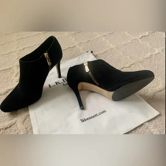 L.K. Bennett London Black Suede Ankle Booties Heels Women’s 37.5 U.S. 7 M shoes