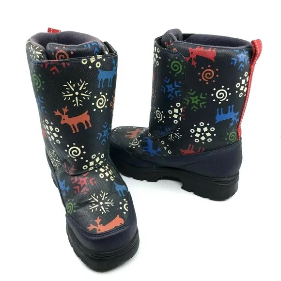 LL Bean Kids Reindeer Xmas Print Snow Boots Size 3