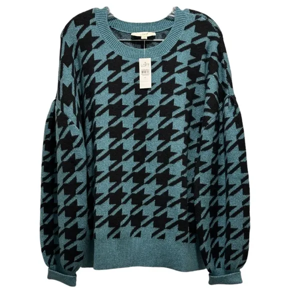 Loft Cozy Luxury Soft Knit Sweater Puffed Sleeve Blue Green Black Size XLarge