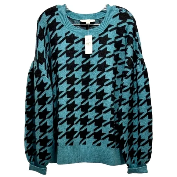 Loft Cozy Luxury Soft Knit Sweater Puffed Sleeve Blue Green Black Size XLarge