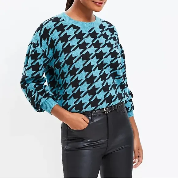 Loft Cozy Luxury Soft Knit Sweater Puffed Sleeve Blue Green Black Size XLarge