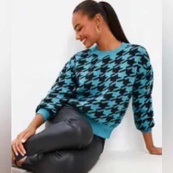 Loft Cozy Luxury Soft Knit Sweater Puffed Sleeve Blue Green Black Size XLarge