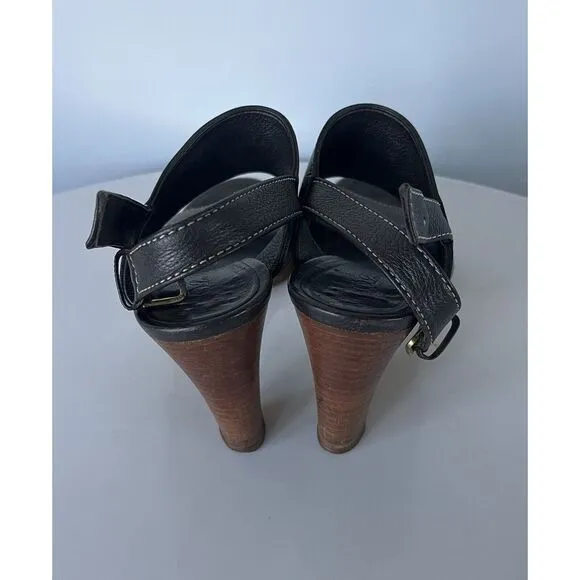 Loro Paina Brown Leather Wooden Heels Size 40 Made In Italy