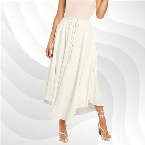 Lulus Best Beginnings Ivory Button-Front Midi Skirt Size S | Chic &amp; Feminine