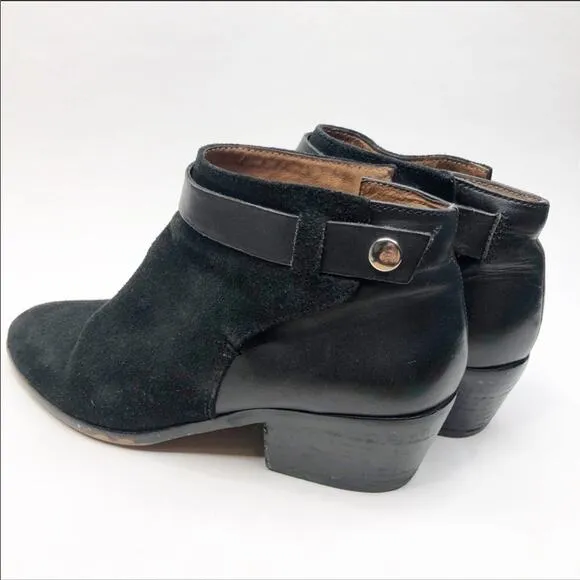 MADEWELL Charley Black Suede Snap Leather Ankle Heeled Booties Boots Women's 7
