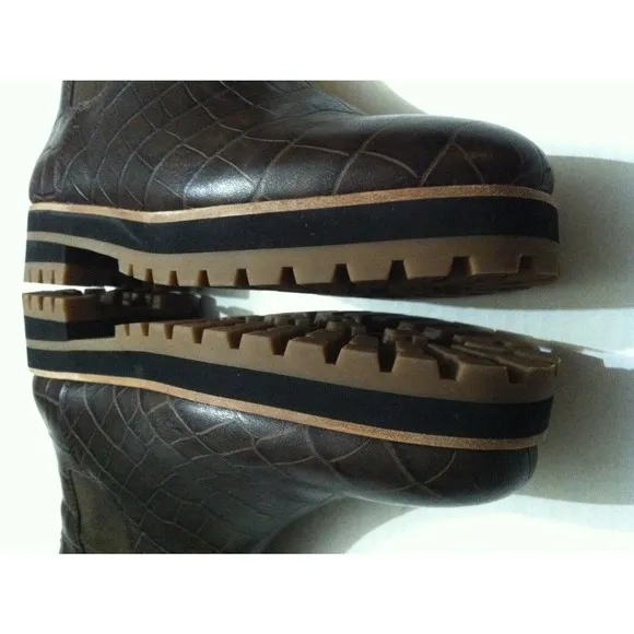 MADEWELL WOMEN'S IVY CHELSEA BROWN LEATHER CROC EMBOSSED ANKLE BOOTS SIZE: 8