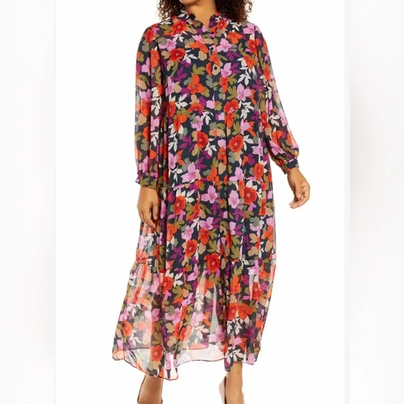 Maggie London Bold Floral Maxi Tiered Shirt Dress