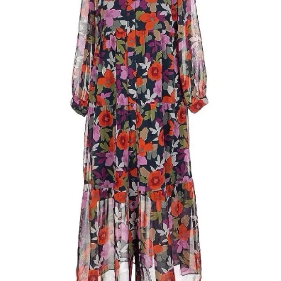 Maggie London Bold Floral Maxi Tiered Shirt Dress