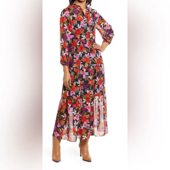 Maggie London Bold Floral Maxi Tiered Shirt Dress