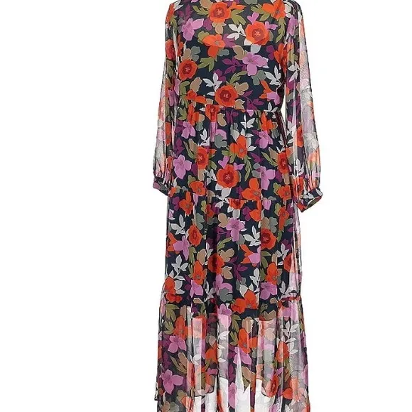 Maggie London Bold Floral Maxi Tiered Shirt Dress