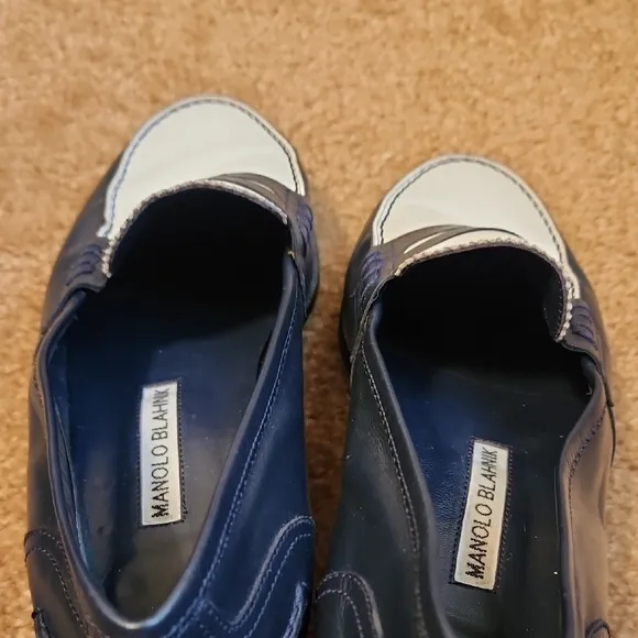 Manolo Blahnik Blue and White Flats