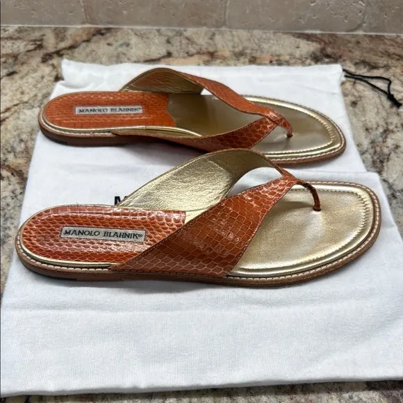 Manolo Blahnik Gold and Orange Sandals with Metallic Finish