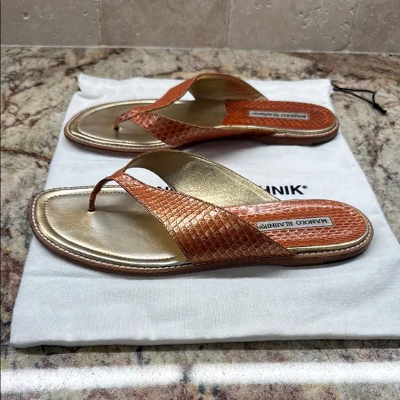 Manolo Blahnik Gold and Orange Sandals with Metallic Finish