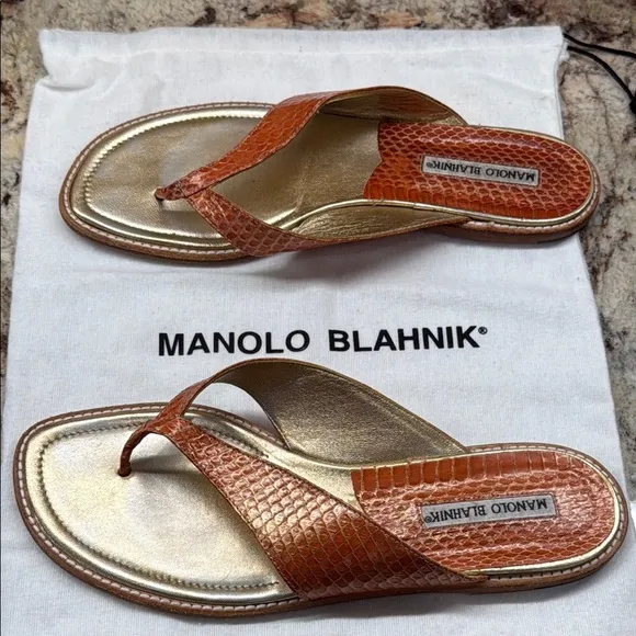 Manolo Blahnik Gold and Orange Sandals with Metallic Finish